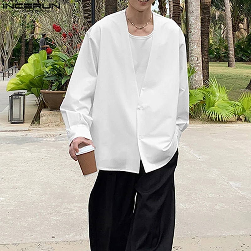 

INCERUN Men Shirt Solid Color V Neck Long Sleeve Button Loose Men Clothing Streetwear 2025 Korean Style Fashion Casual Shirts