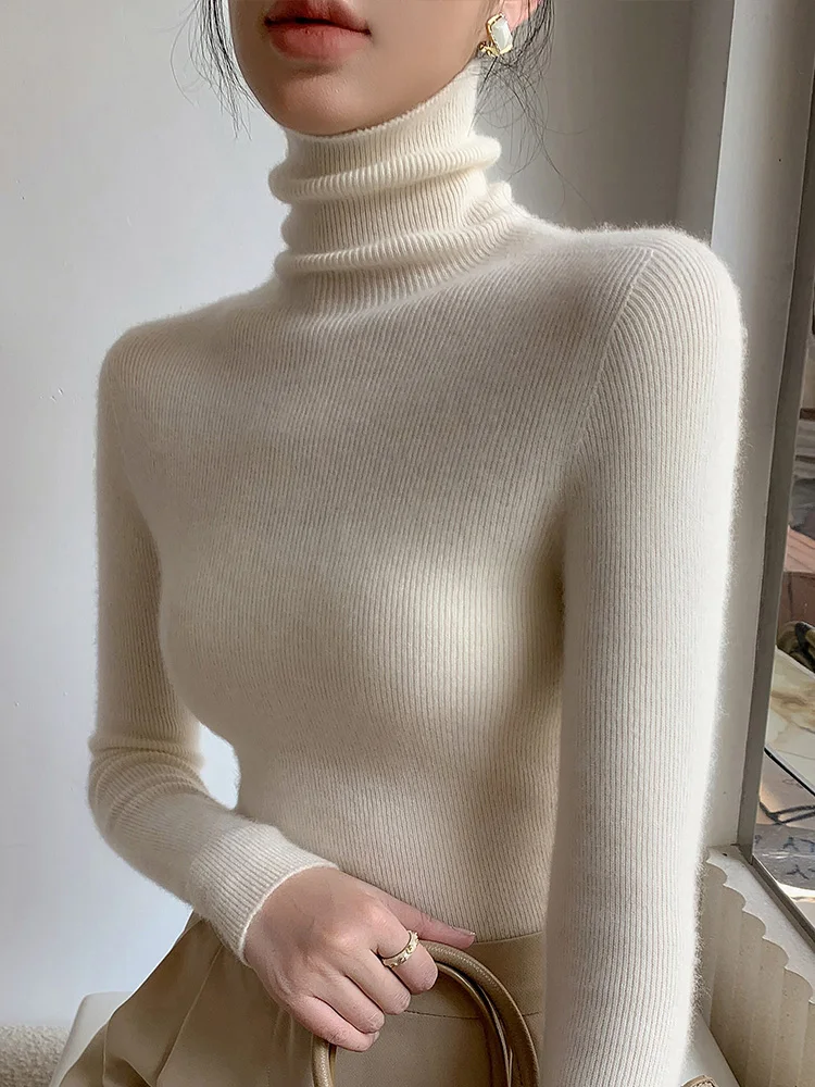 

Облегающий женский свитер с высоким воротником, бежевый Turtlene 202, осенне-зимний внутренний свитер, мягкий вязаный топ, повседневный Sle