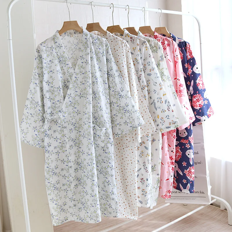 Double-layer Gauze Pure Cotton Lace-up Kimono Nightgown Women's Summer Thin Bathrobe Medium Long Sweat-steamed Pajamas