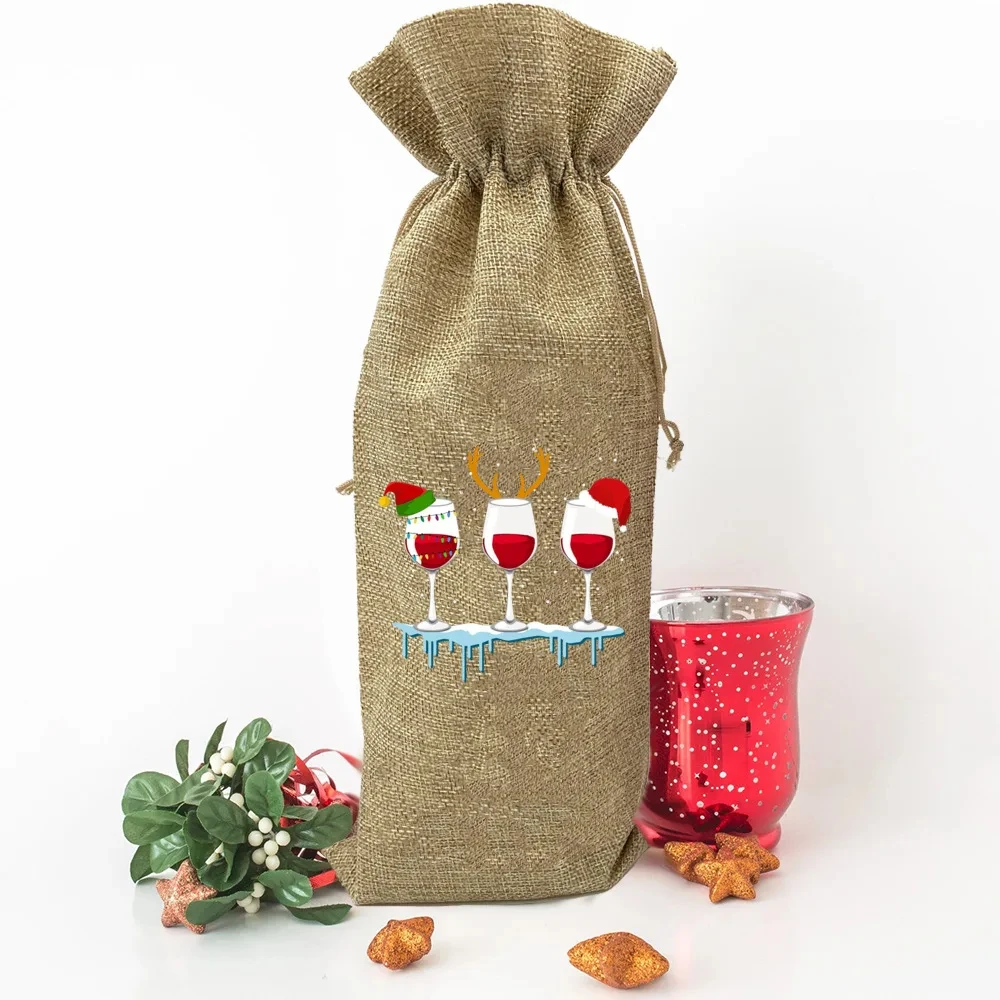 Deer Tree Print Burlap Wine Bags Christmas Jute Wine Bottle Bag Drawstring Reusable Wine Pouch Christmas Gifts for Friend Family