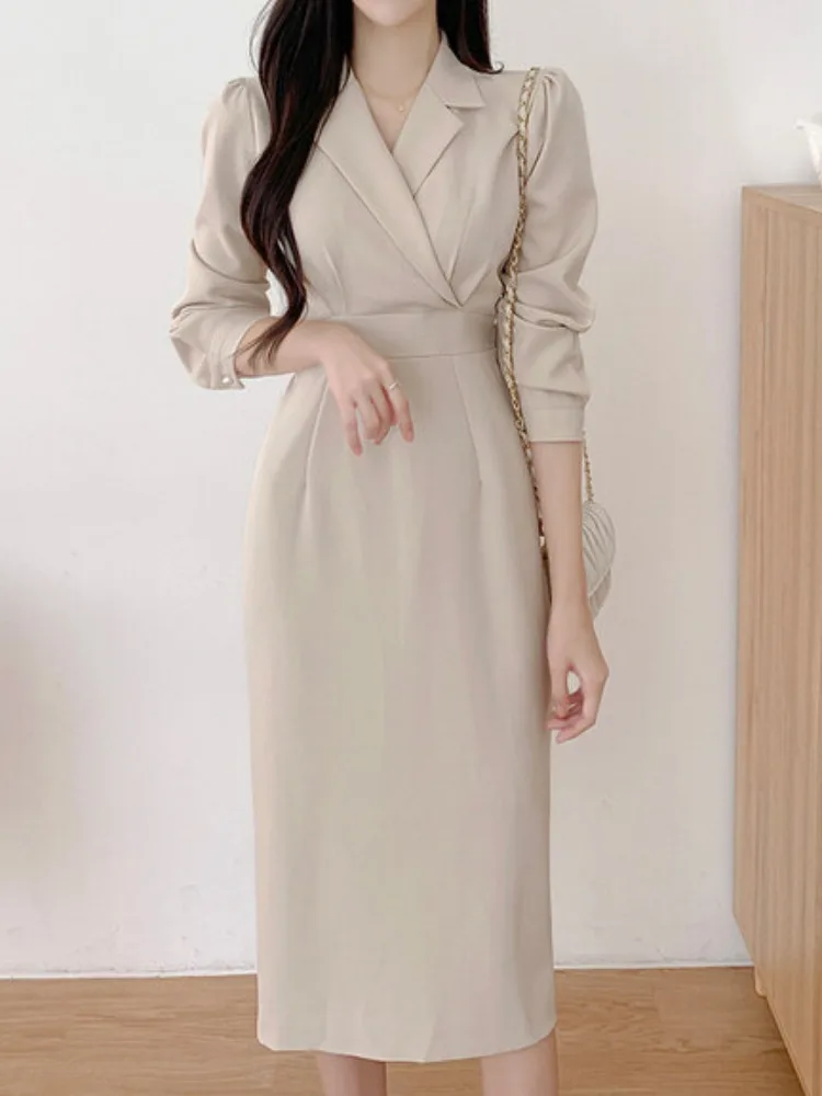 Ele automne longue Sve minceur Midi Dr femmes costume col taille cintrée jupe moulante Dr trajet convivial