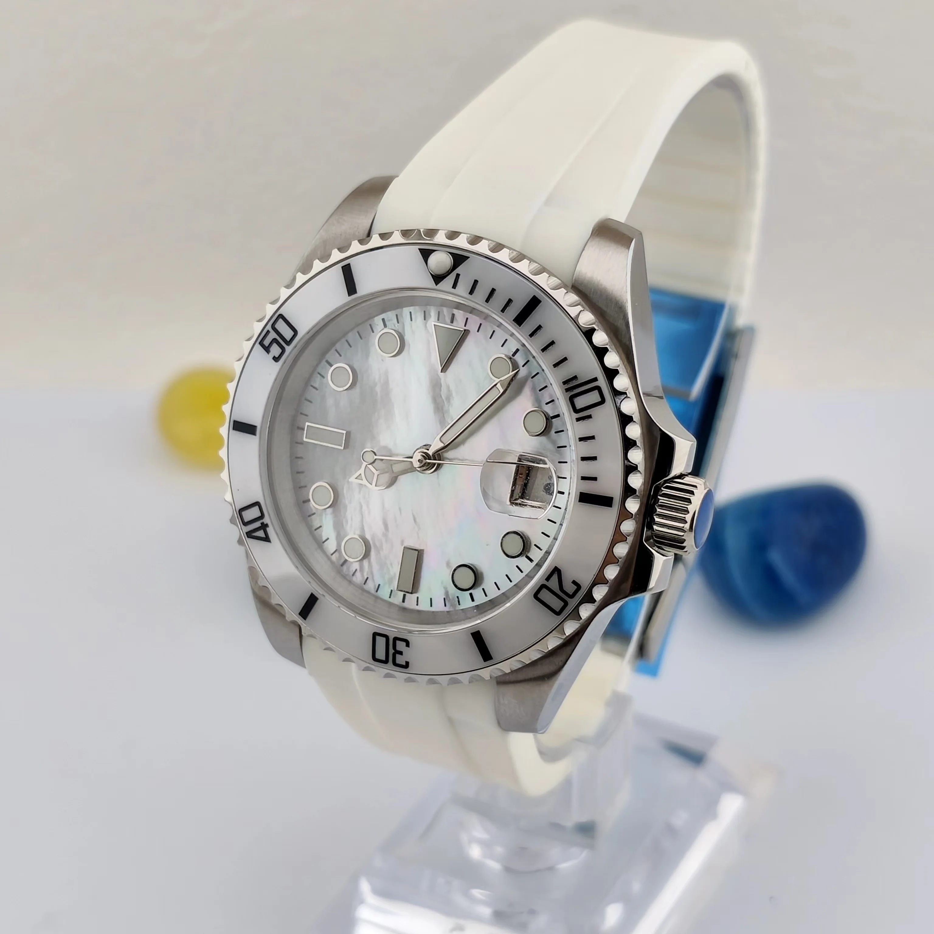 NH35 Uhr 40mm Ohne Logo Perlmuttglas Saphirkristall Hochwertige Edelstahluhr Wasserdicht bis 5ATM