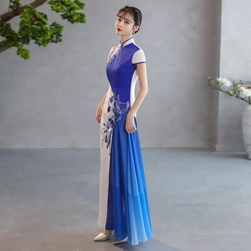 Improved Retro Flower Embrodiery Short Sleeve A-Line Qipao Blue White Mandarin Collar Runway Show Cheongsam Chinese Women Dress