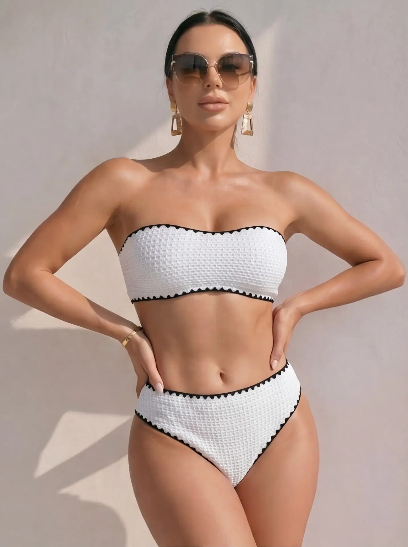 Two Piece Swimsuit Women Sexy Bikini Textured Fabric Scalloped Edge Padded No Underwire Swimwear High Elasticity New Beachwear