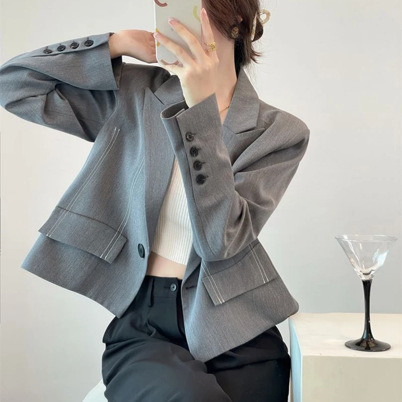 Korean Cropped Blazers Women Autumn Chic Solid Color Single-Button Outwear Woman Elegant Long Sleeve Office Ladies Suit Jacket