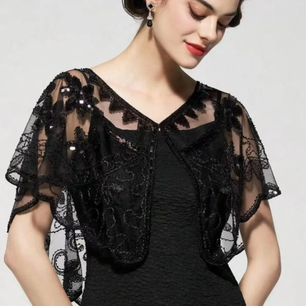 

Retro Sequins Poncho Coat Vintage Style Embroidery Sequin Beaded Short Cape Hollow Out Short Cape Flapper Shawl