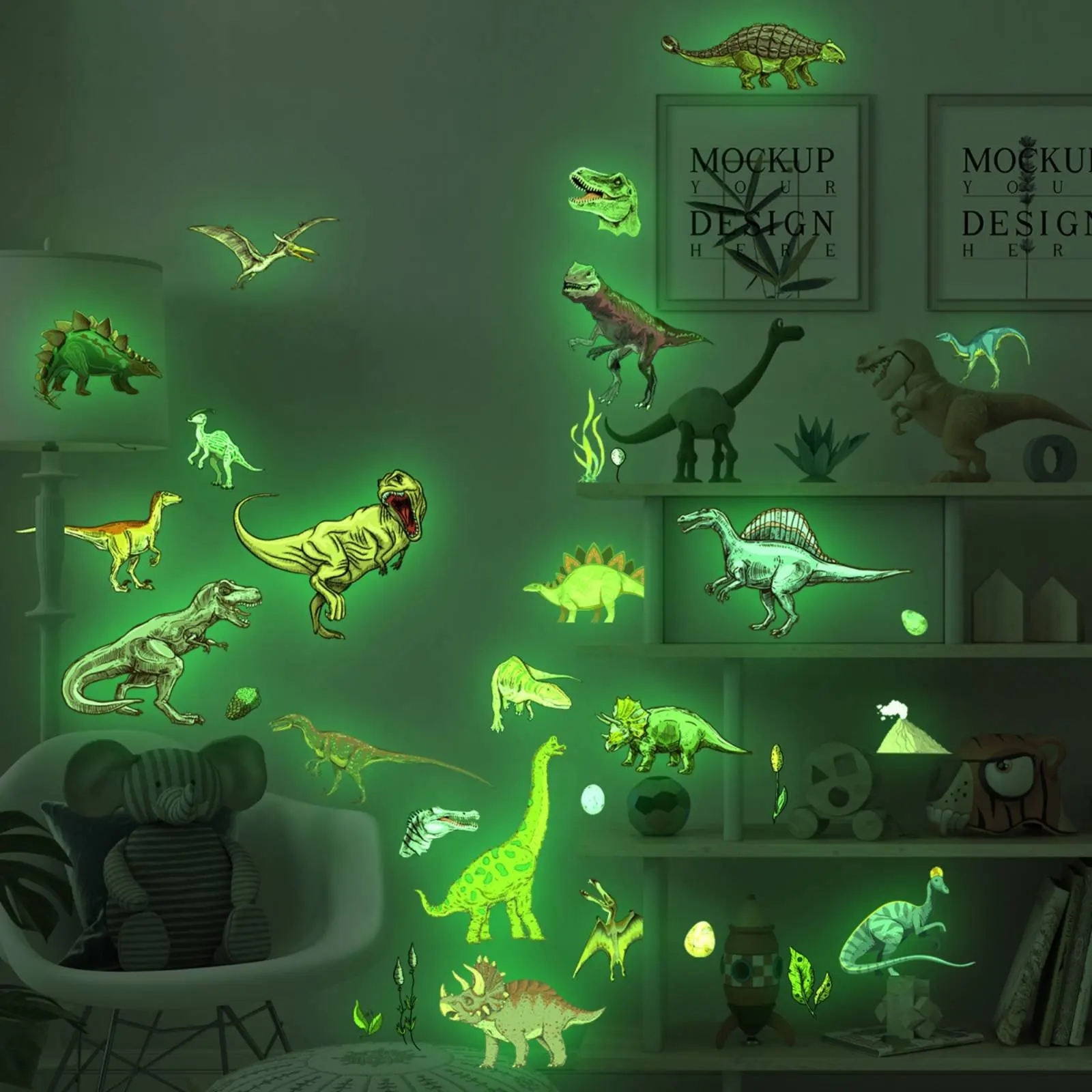 Luminous Dinosaur Wall Decals Night Brightness Effect Shine at Night Dinosaur Stickers Room Sticker Removable for Playroom