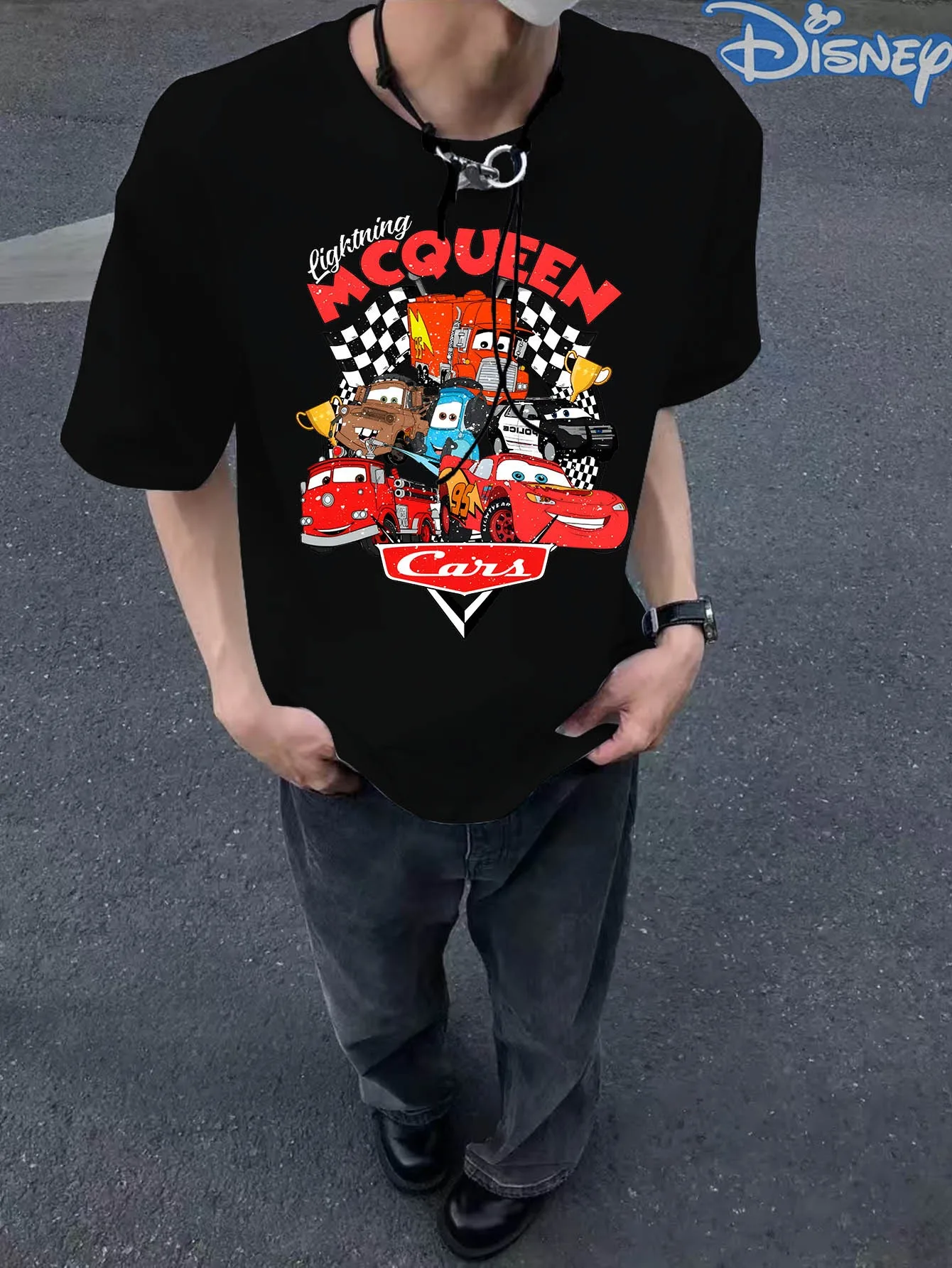 

2025 New Disney Lightning McQueen Casual Pure Cotton Washed T-shirt Vintage Street College Style Y2K Style Harajuku Unisex Style