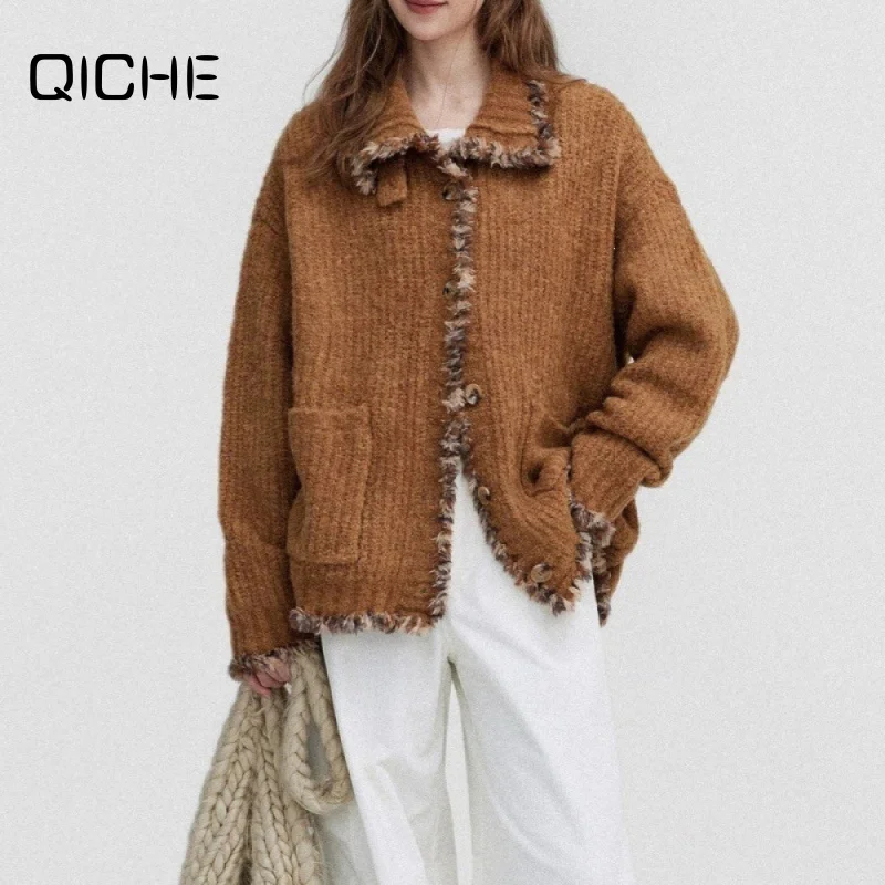 QICHE Women's Sweater Women Clothing 2026 Autumn Winter Lapel Frayed Edge Loose Pumpkin Caramel Knit Cardigan