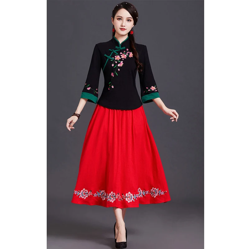 Ethnic Style Embroidered Shirt Qipao Cheongsam Tops Traditional Chinese Clothing For Women Fashion Bracelet Sleeve Hanfu Modern