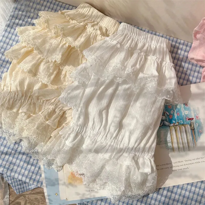 Culotte blanche à volants pour femmes, culotte Aliments Kawaii, dentelle, nœud papillon, short de sécurité Lolita, pantalon bouffant victorien vintage