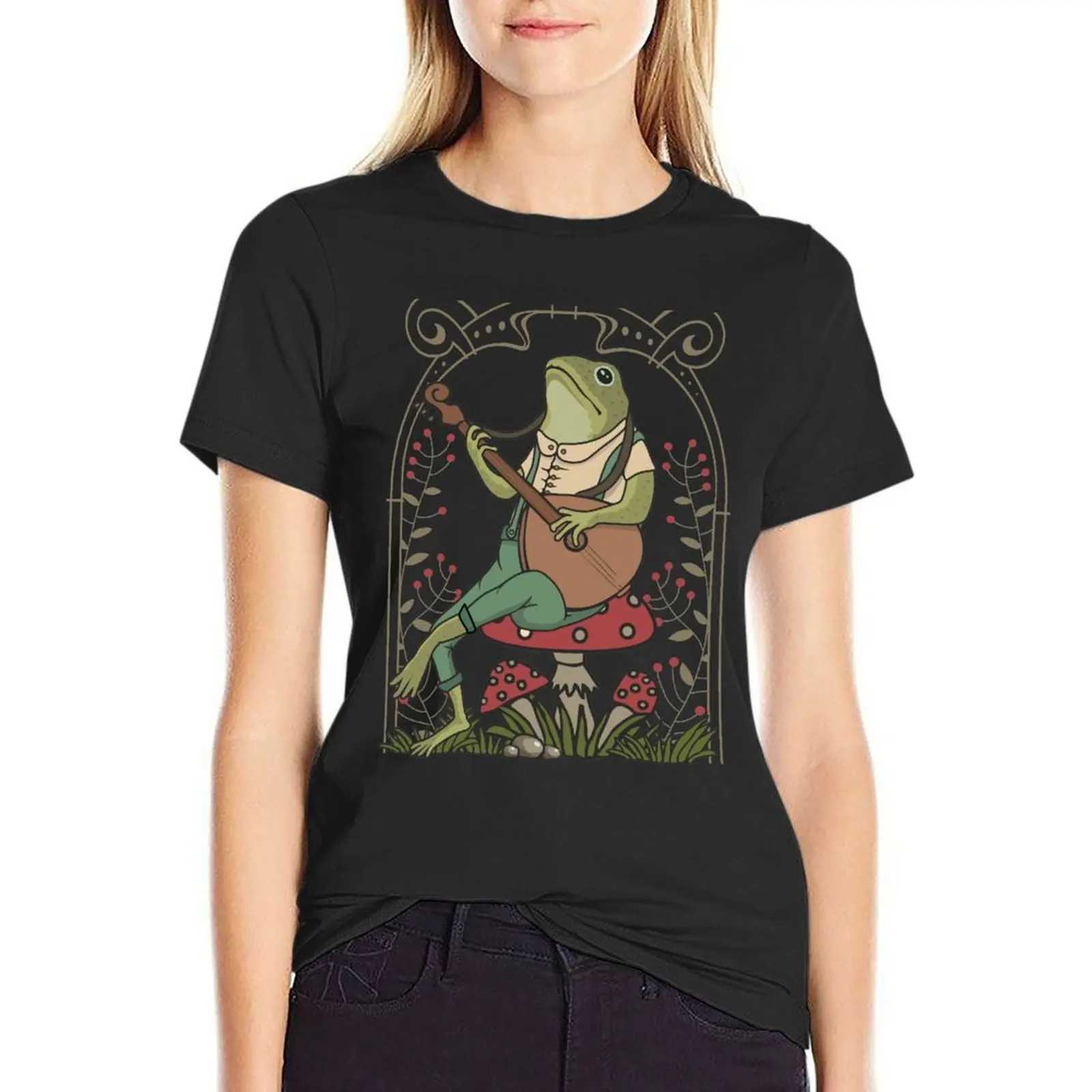 Cute Cottagecore Frog Playing Banjo Sitting On A Mushroom Naturecore Aesthetic Retro Art T-Shirt