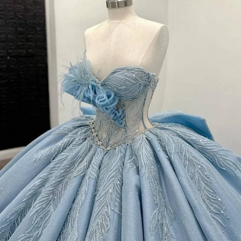 

Customized Shiny Grayish blue Quinceanera Dresses Off the Shoulder beads applique crystal Lace Long tail Vestido 15 Quinceanera