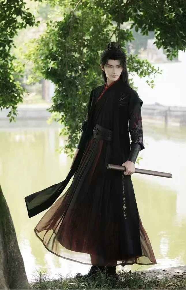 

Men's Traditional Embroidery Cross Collar Costume Vintage Night Swordsman Cosplay Clothing Niche Original Black Red Hanfu Dress