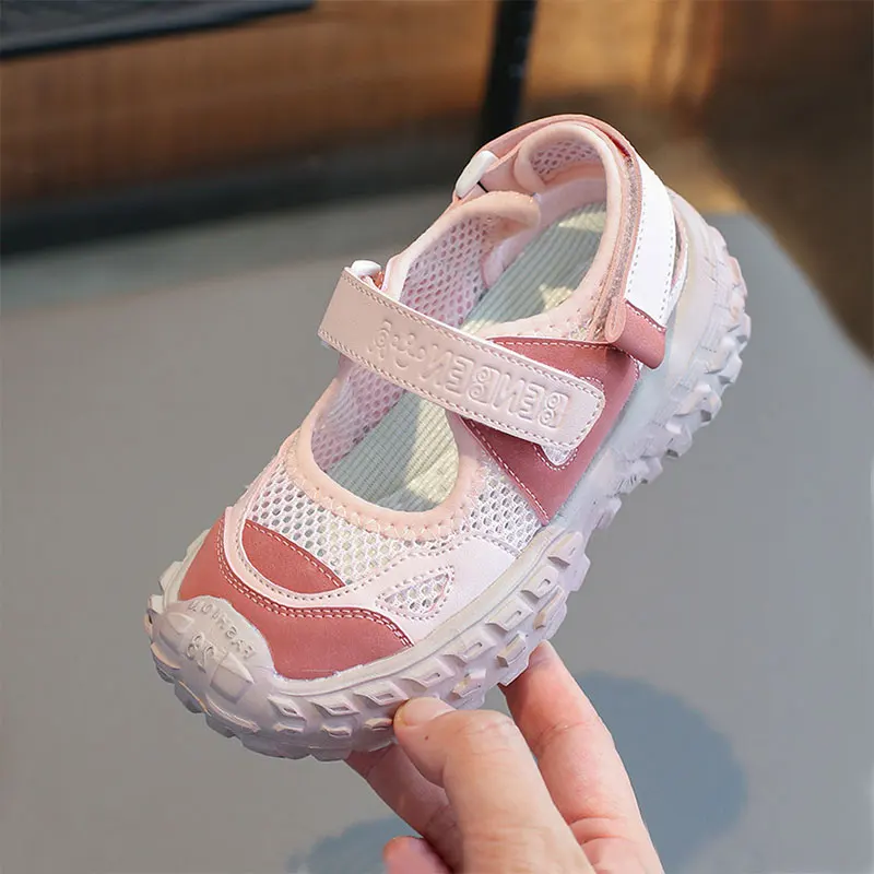 Kids Summer Shoes Cover Toe Mesh Sandals for Girls Boy Hook Loop Hiking Sandal 2024 Child Girl Casual Non-slip Shoe Pink 26-36