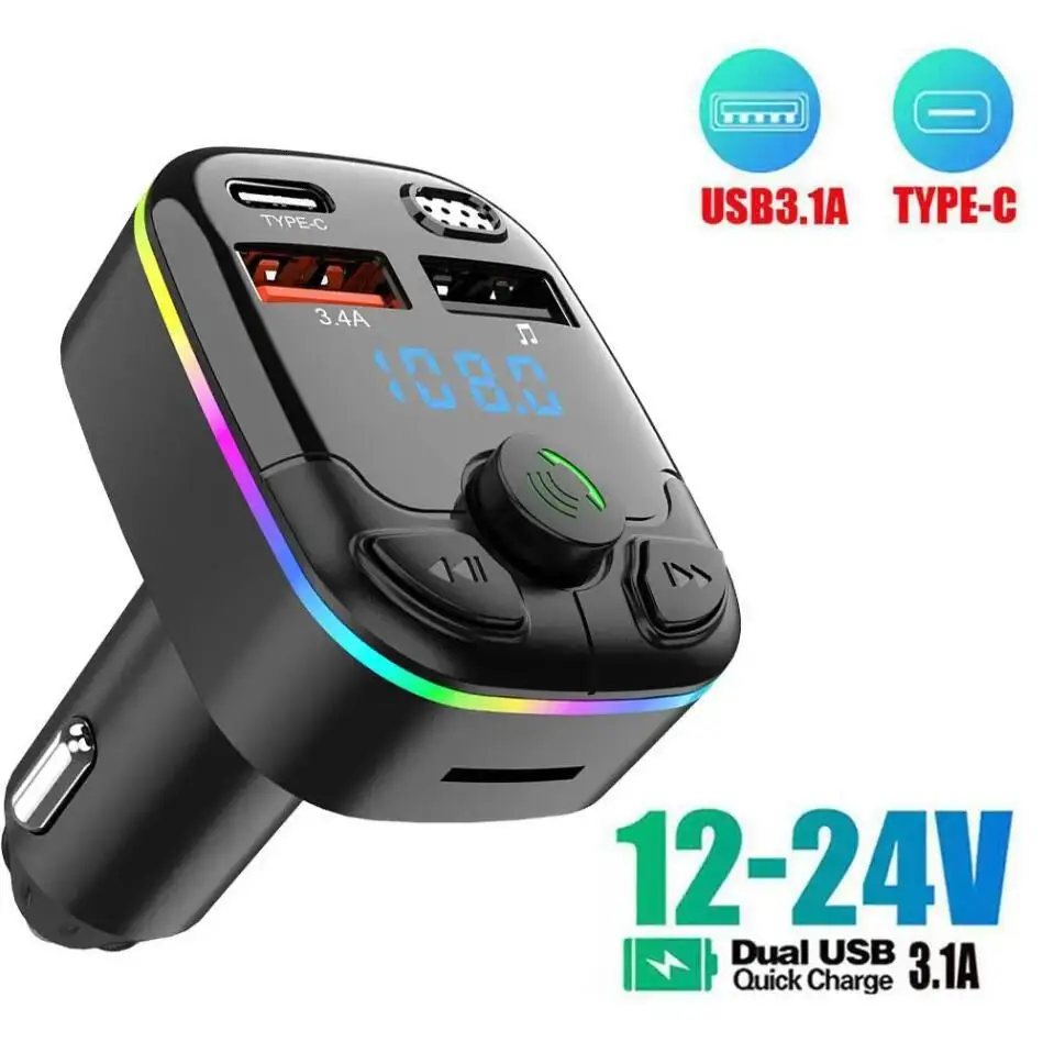 5.0 FM Transmitter Car Bluetooth PD Type-C Dual USB 3.1A Fast Charger Colorful Ambient Light Handsfree MP3 Modulator Player C9