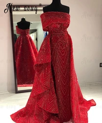 Dubai 2 Stück Perlen rot Abendkleid mit Überrock Luxus Meerjungfrau Braut Verlobung kleid Arabisch maßge schneiderte lange Ballkleider