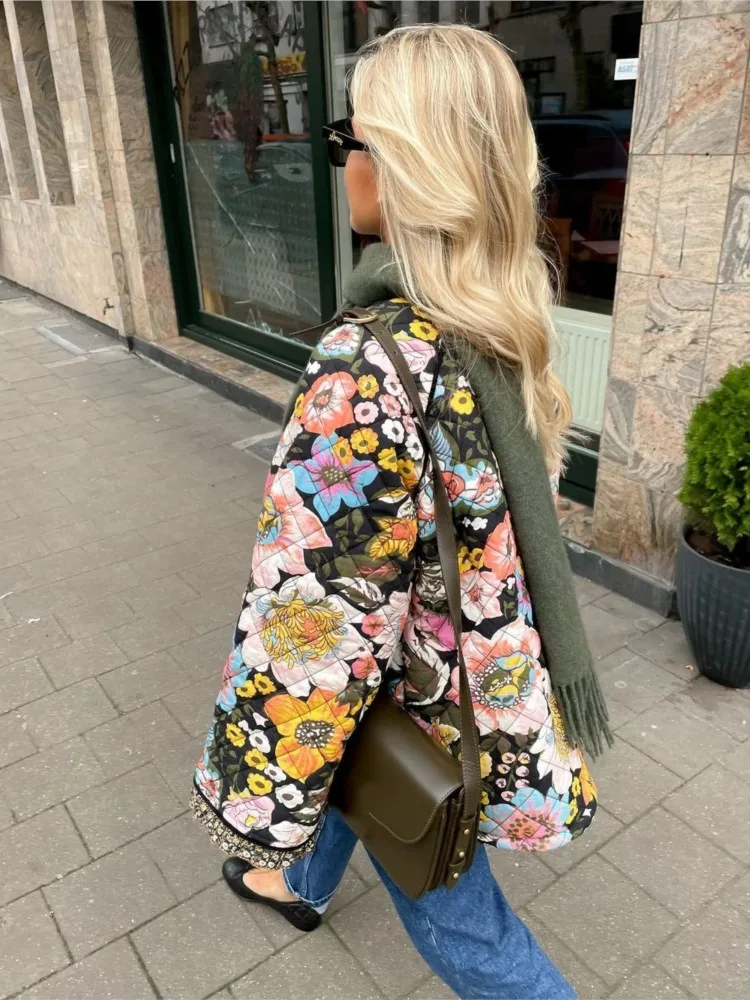 Fashion Flower Printed Spliced Coat For Women Long Sleeve Thick Warm Cotton Jacket 2023 Elegant Autumn Winter Casual Streetwear