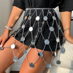 Sexy Metallic Chain Design Sequin Decor Bodycon Skirt Club Party Outfit Hollow Out Midi Skirt
