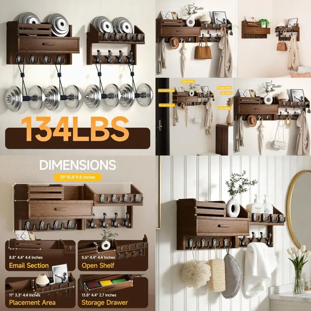

Solid Wood Wall-Mounted Coat Rack with Shelf, Drawer, and 12 Hooks, Heavy-Duty Entryway Organizer for Living Spaces