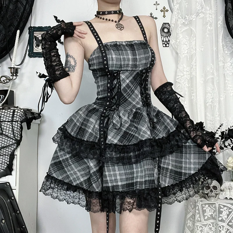 Y2K Goth Grey Plaid Lace Trim Mini abito Estetico sexy senza maniche Backless Lace-up A-Line Abito corto Donna Moda estiva