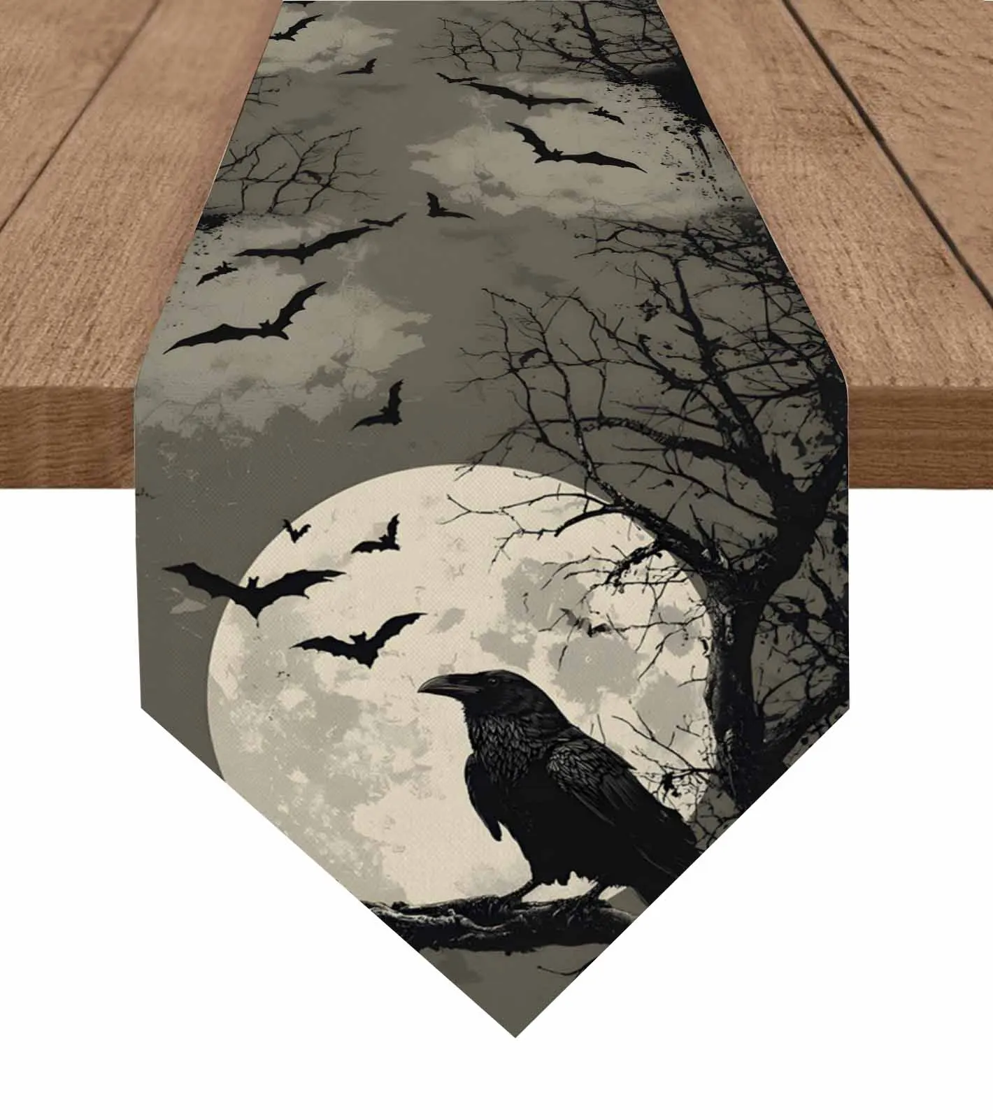 

Crow Bat Tree Branch Moon Table Runner Holiday Wedding Party Decor Table Runners Dining Table Cover Decor