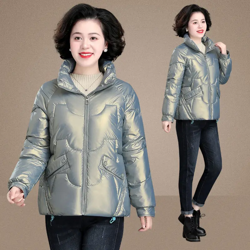 

2023 New Winter Glossy Down Cotton Jacket Women's Short Thicken Loose Coat Mother Stand Collar Warm Parka outwear Basic Jackets