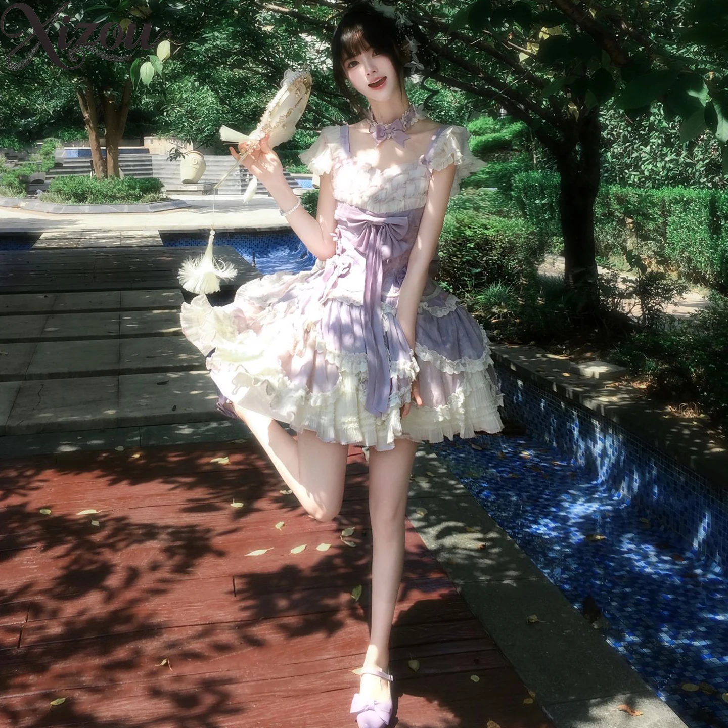 الحلو الباليه لوليتا JSK فستان المرأة الأرجواني دمية ساحة الرقبة تحلق الأكمام مقوس دانتيل رقيق كشكش كعكة الأميرة عيد ميلاد الزفاف #5