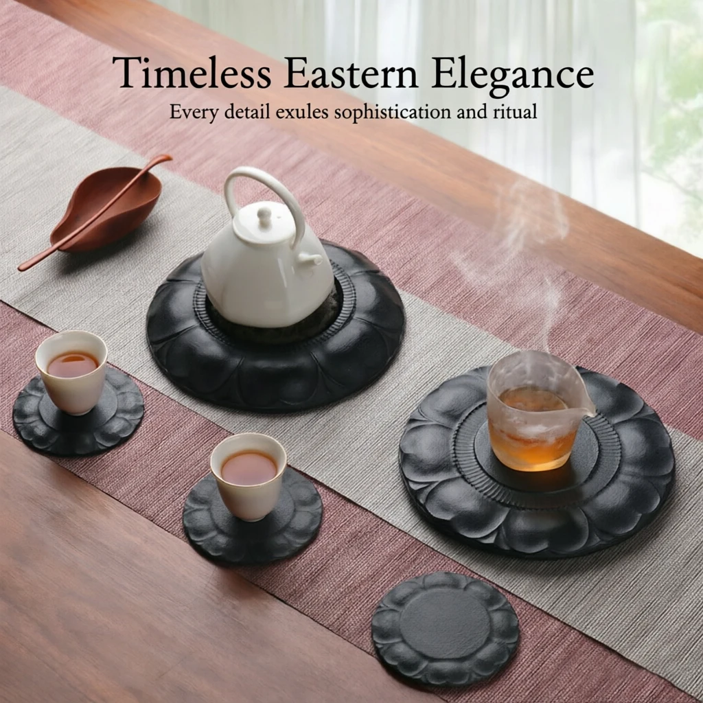 Black Golden Stone Tea Coaster 10cm Natural Basalt  Hand Carved Lotus Pattern Kung Fu Tea Cup Pad Home Decor Gift for Tea Lovers