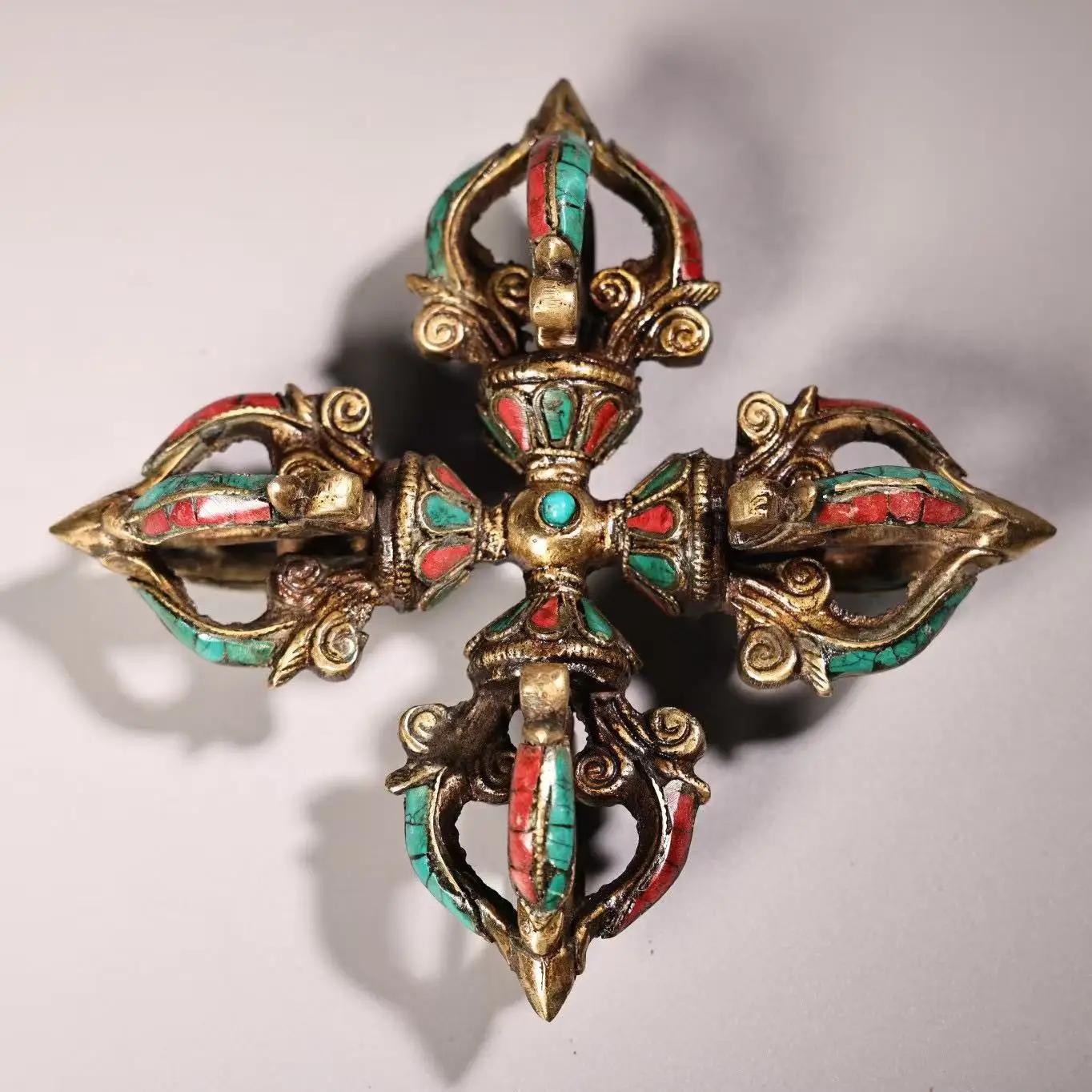 

Rare Old copper Inlaid turquoise gemstoner statue, Exorcism statue