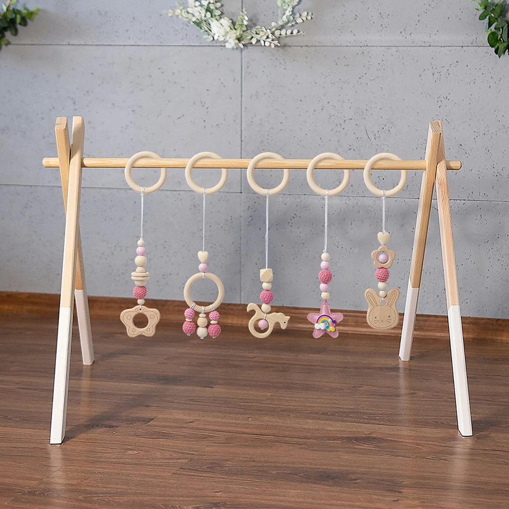 5Pcs Baby Wooden Gym Pendant Set Pink Wooden Bunny Butterfly Kids Gym Frame Stroller Hanging Pendant Decoration for Crib Pram