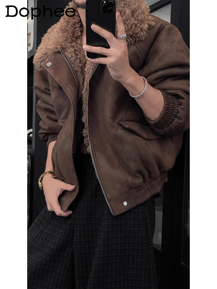 

Мужская осенне-зимняя новинка 2024, высококачественная куртка в американском стиле в стиле ретро с воротником из искусственного меха, однотонные куртки на молнии, свободные удобные пальто