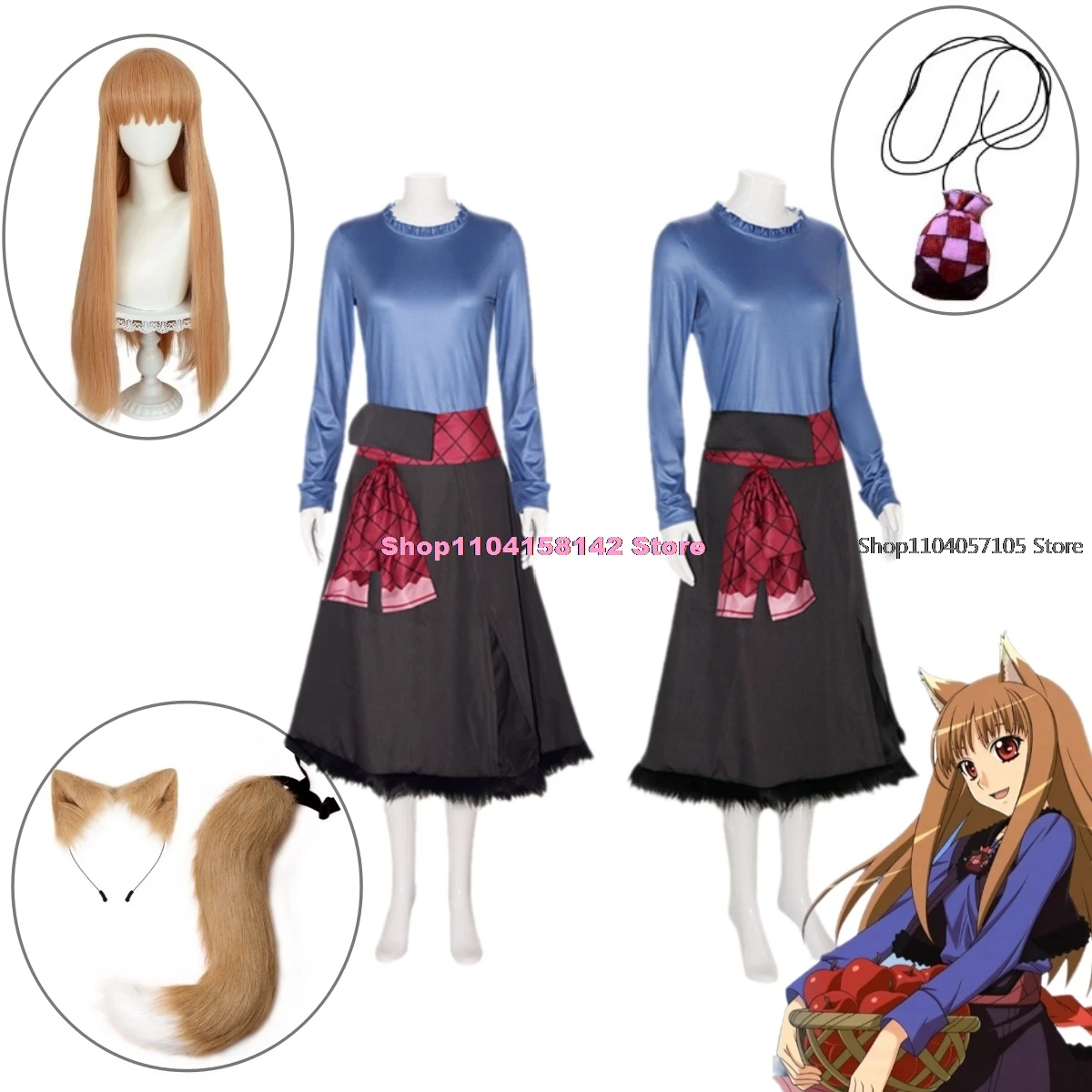 Holo Spice and Wolf Cosplay Merchant Meat Spice Wolf Horo Cosplay Costume Wig Tail Ear Sachet Suit Halloween Party Clothing