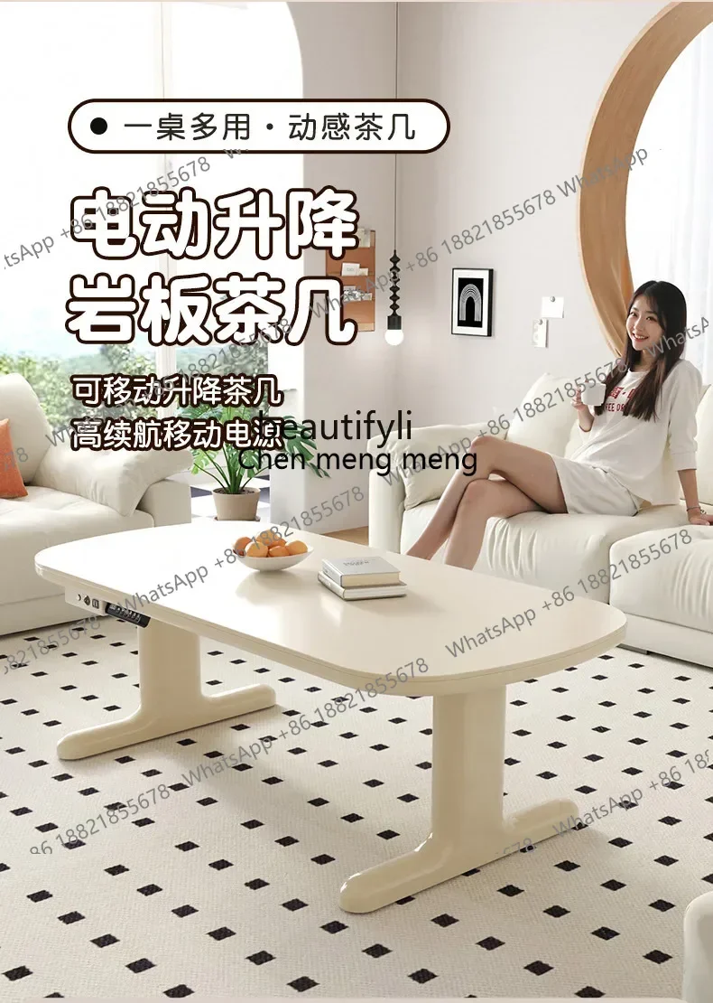zS173zq1Electric movable lifting coffee table dining table dual-purpose two-in-one cream wind living room rock slab