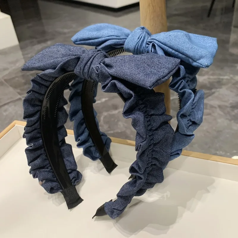 Korean Denim Bowknot Hairband for Women Ruched Fold Handmade Knot Hair Accessories Headbands Adult Female Girls Hair Hoop