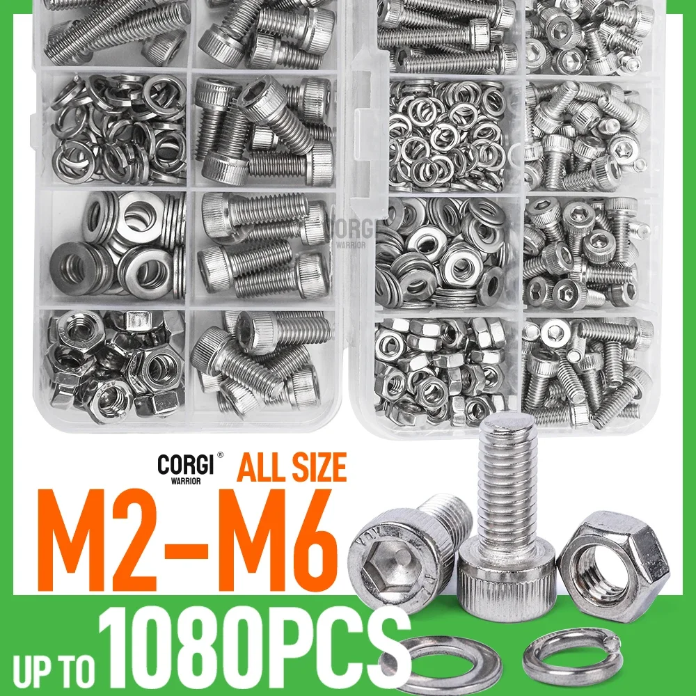 Socket Hex Head Screws Assortment Set M2 M2.5 M3 M4 M5 M6 up to 1080 304 Stainless Steel Allen Bolts Nut Socket Head Cap Screws