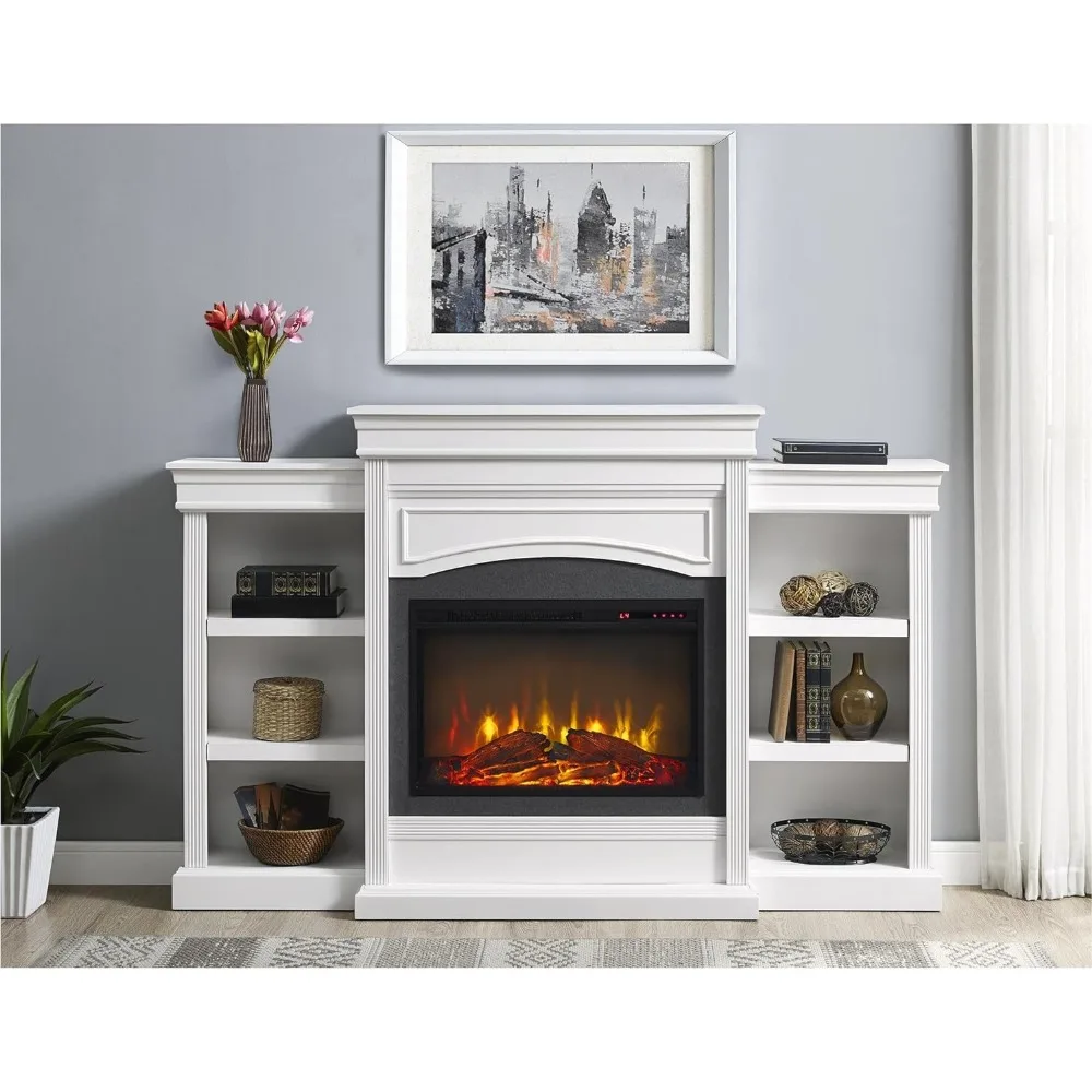 Fireplace with Bookcase, with Long-Lasting Ultra-Bright LED Technology with Realistic Logs and Flame, Features 2 Bookcases,White