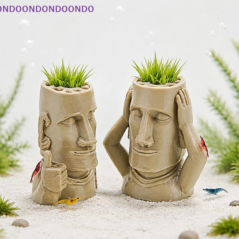 3D Printed Moai Statue Aquatic Plant Pot Non-Toxic Harmless Ornament for Aquarium Fish Tank Home Gift for Fish Lovers