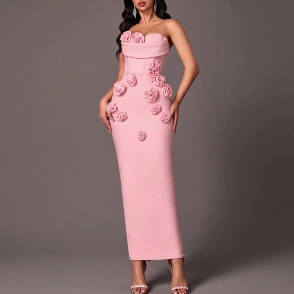 

Customized Strapless Pink Evening Dresses Modern Backless Appliques Ankle-Length Straight Prom Gown Long Sleeveless Party Dress