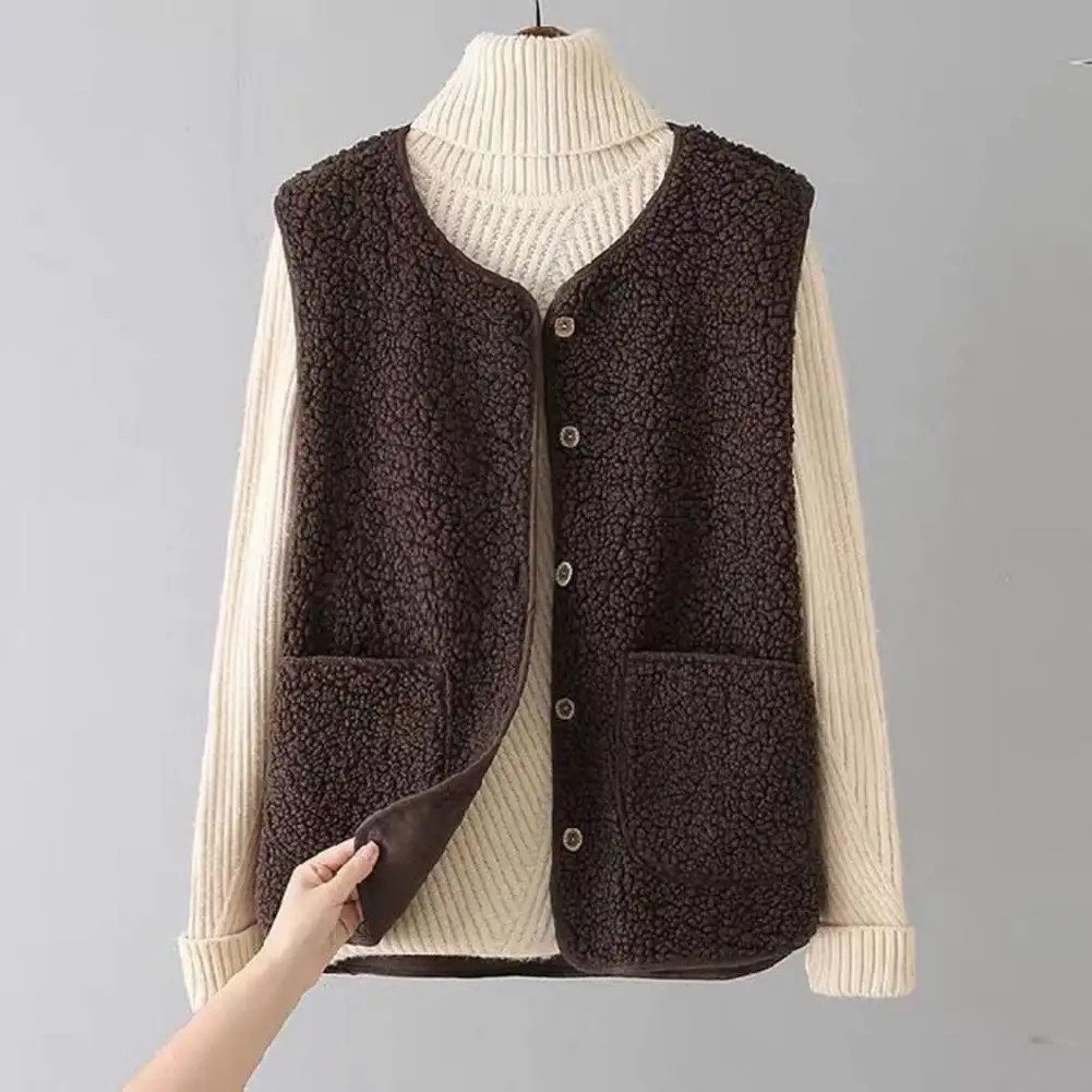 Chaqueta tipo chaleco para mujer, abrigo cálido de invierno, elegante chaleco con cuello en V, abrigo para mujer con bolsillos y cierre de botones, moda Otoño Invierno para mujer