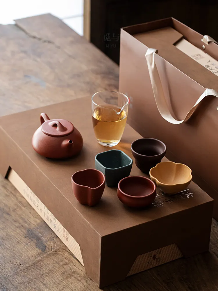 Purple sand stone scoop Xishi brewing teapot set, one pot of five cups of kung fu tea set