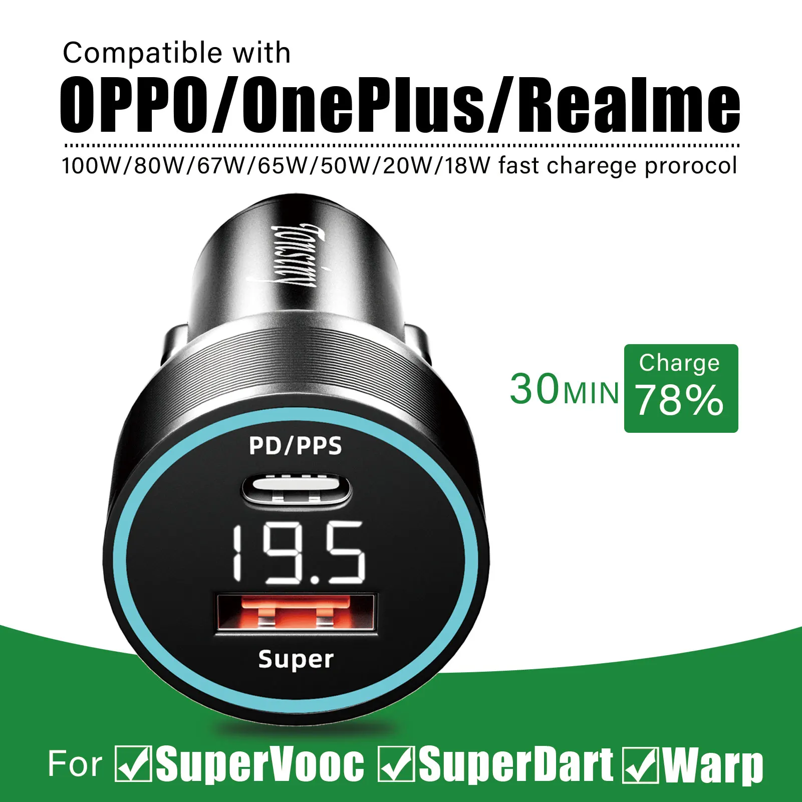 Supervooc car charger 80W for OPPO Find X7 X5 Reno10 8, USB A+USB C Digital Display 12V Usb for realme oneplus charger warp 100w