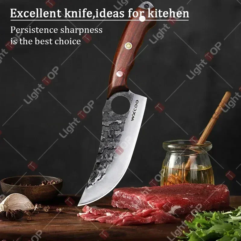 Stainless Steel Hand Forged Butcher Knife Multipurpose Kitchen Knives Fruit Slicing Meat Cutting BBQ Knife with Mini Knife Gift