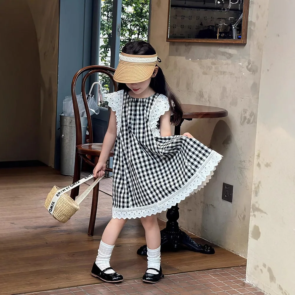 Girls' Dress Summer Outfit New Casual Round Neck Plaid Lace Vest Skirt Princess Dress for Children Sleeveless