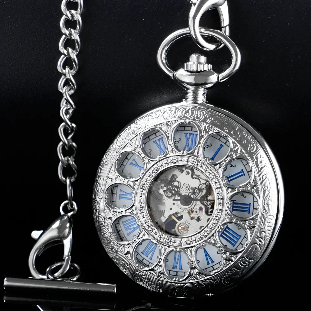 Luxury Silver Steampunk Mechanical Pocket Watch Pendant Chain Vintage Dress Fob Watches Men Women Hand-wind Clock Birthday Gifts