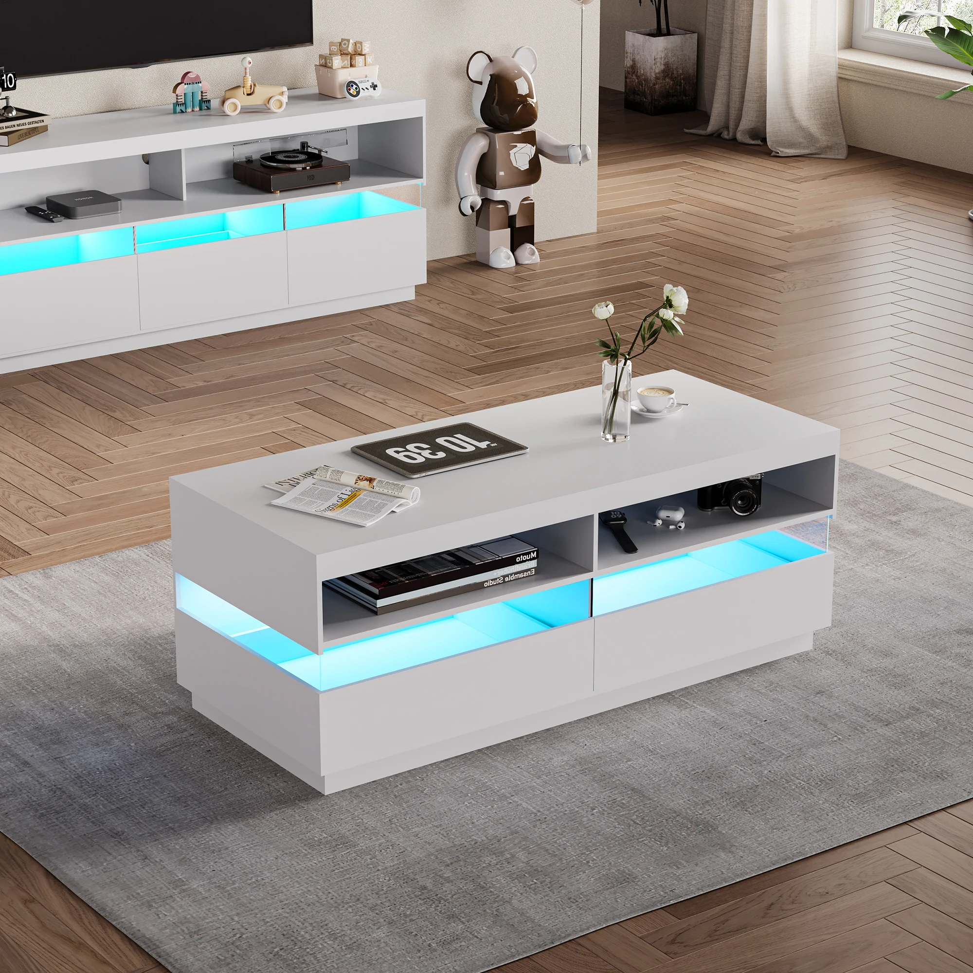 LED high gloss coffee table with 2 drawers, sofa table, living room table, modern center table with 16 colors LED lights