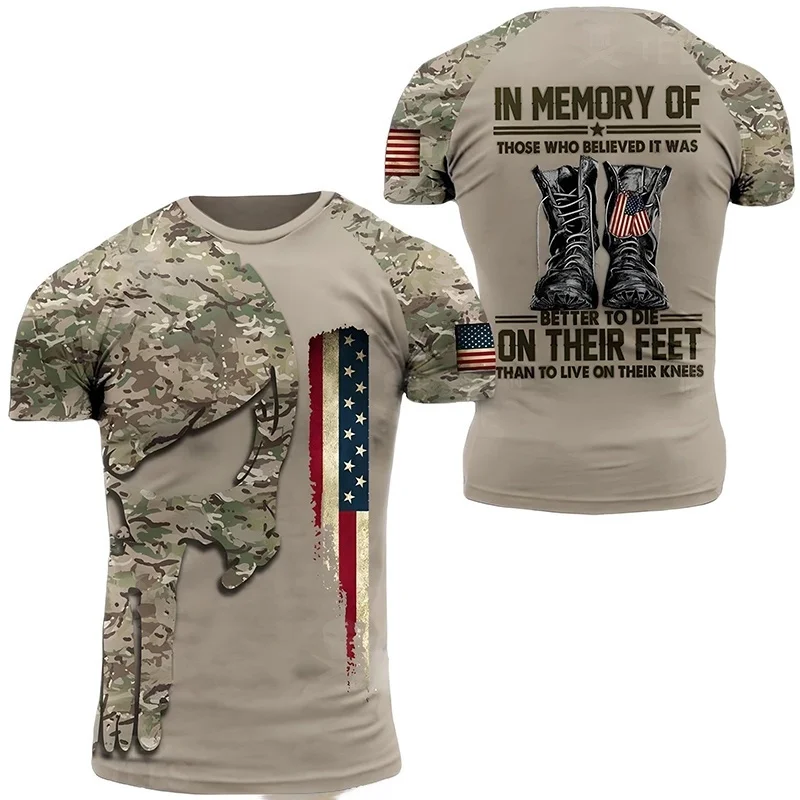 

USA Army US Veteran T Shirt for Men Clothing Combat Military Camouflage T-Shirt 3D Skull Printed Short Sleeve Olive Beige Tshirt