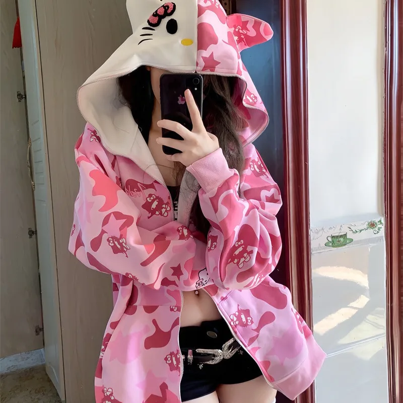 

Y2k Sanrio Hooded Jacket Kawaii Hello Kitty Zipper Sweatshirt Cute Cartoon Anime Casual Long Sleeves Women Autumn WinterClothing