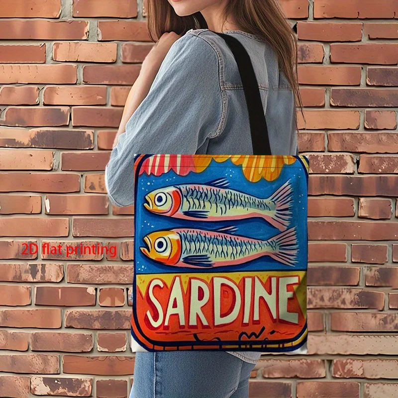 1 Stück Einkaufstasche im Sardinen-Design – robuste, wiederverwendbare Einkaufstasche aus Polyester, Reisen, Strand und Geschenke, Reise-Tragetasche