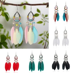 Bohemian Women Handmade Earrings For Female Colorful Long Feather Crystal Drop Tassel Dangle Earring Ladies Boho Jewelry Gift